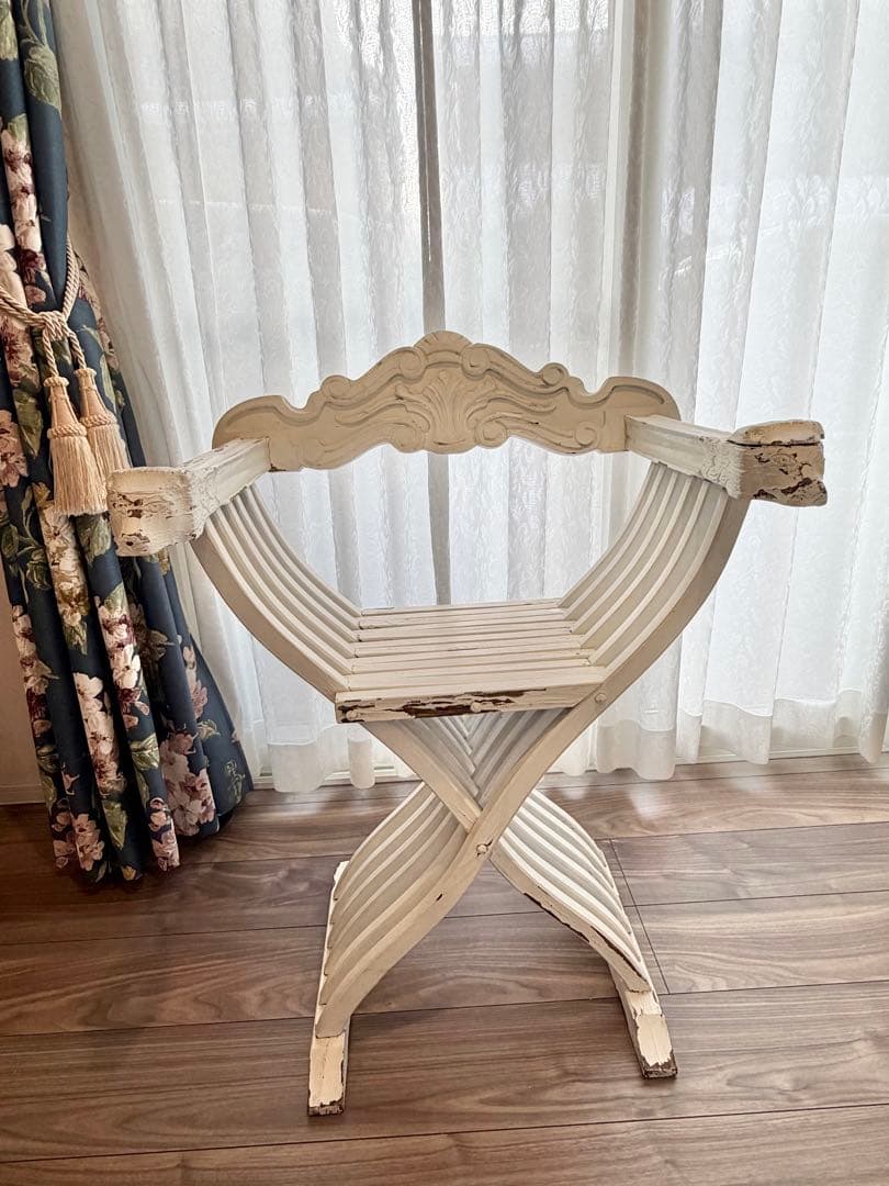 フランスアンティーク サボナローラチェア X脚 折りたたみ椅子 シャビーホワイト