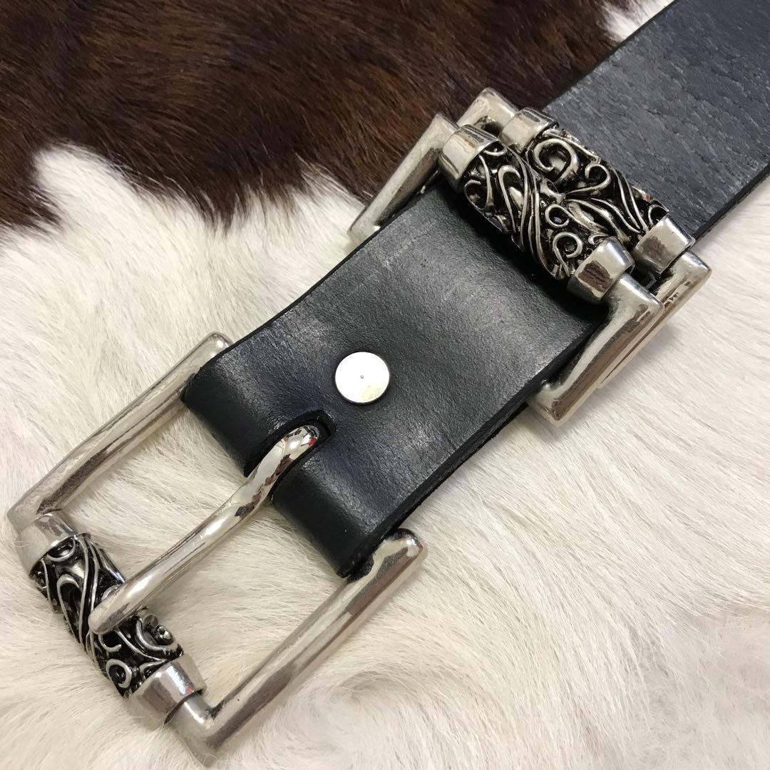 未使用品！ハンドメイド シルバーローラーバックル 本革レザーベルト ブラック