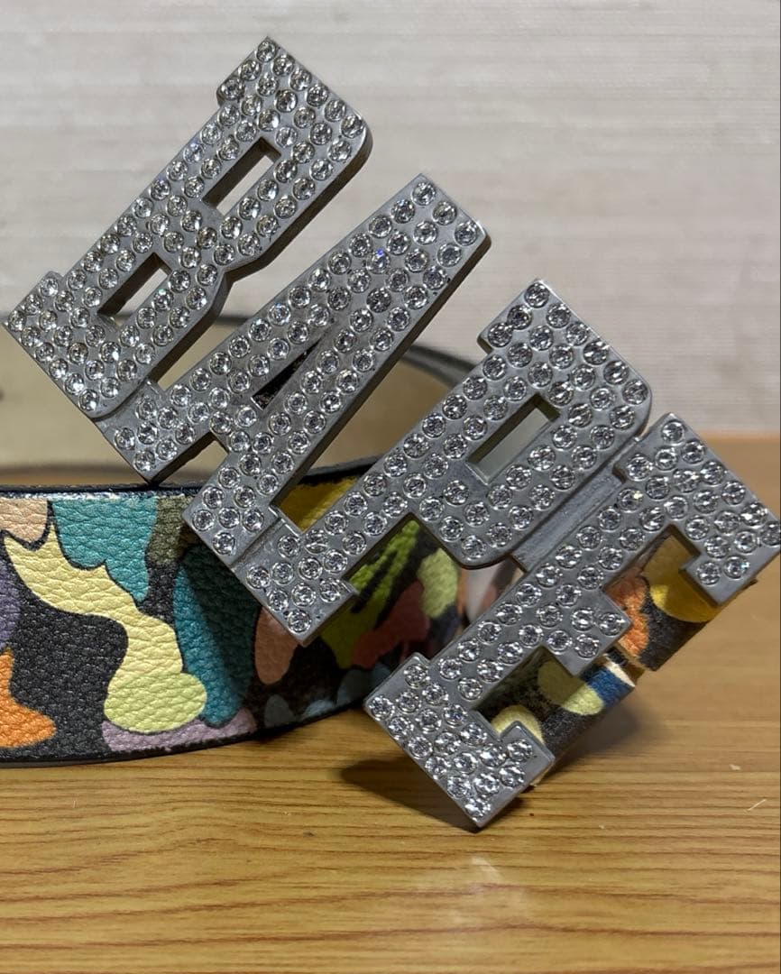 BAPE ラインストーンバックルブラックマルチカモ柄 ベルト　M