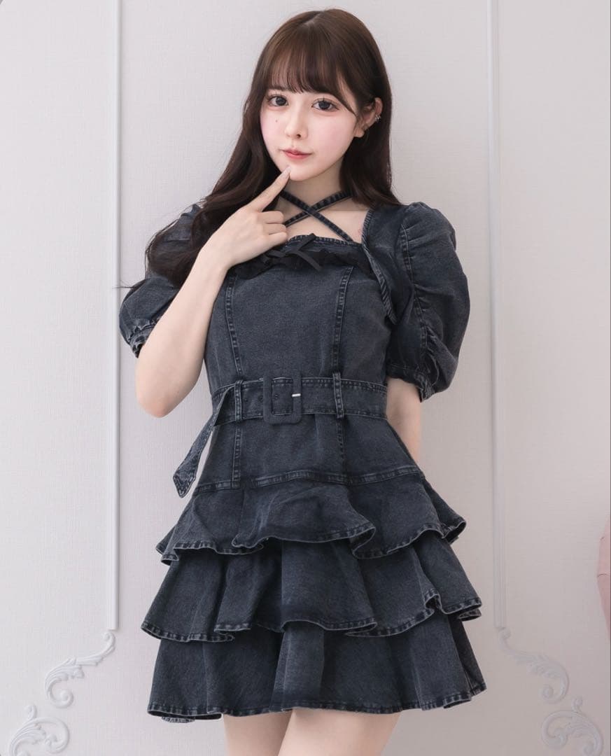 pium ティアードフリルミニワンピース ブラック デニムワンピース