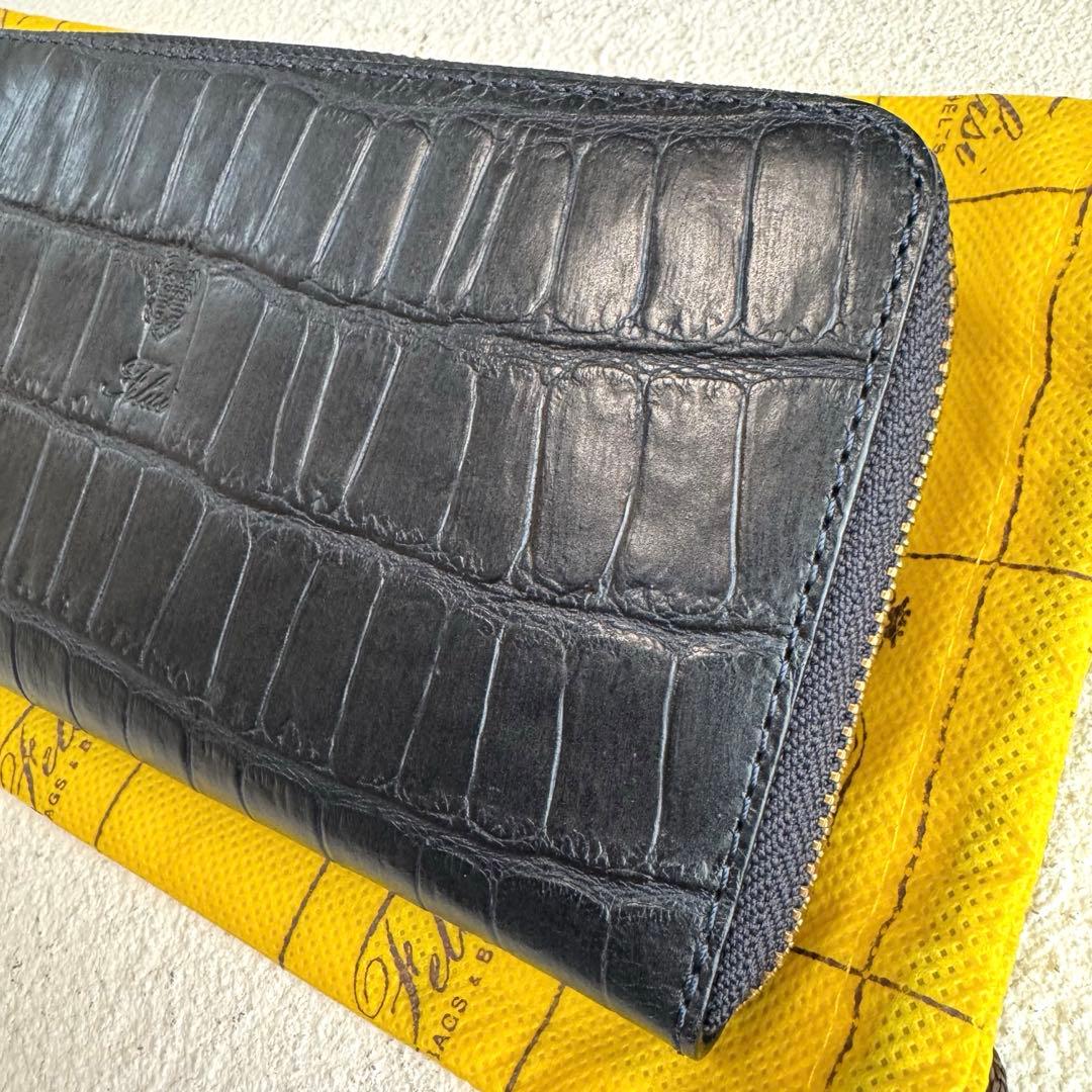新品 Felisi フェリージ ロングウォレット クロコ型押し ネイビー 長財布