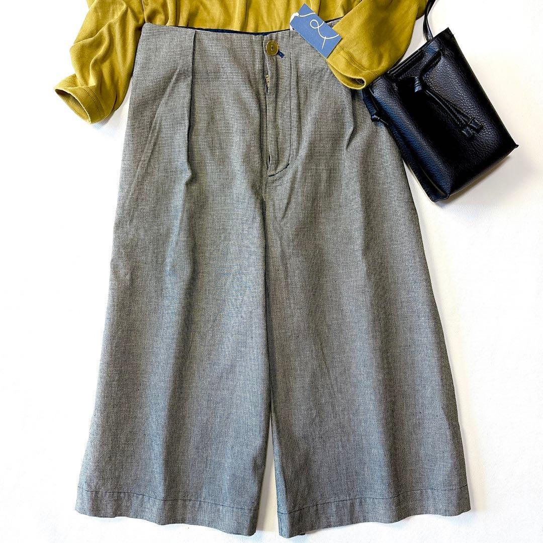 新品未使用 パラスパレス 洗える インディゴ染め マイクロ千鳥柄 タックパンツ
