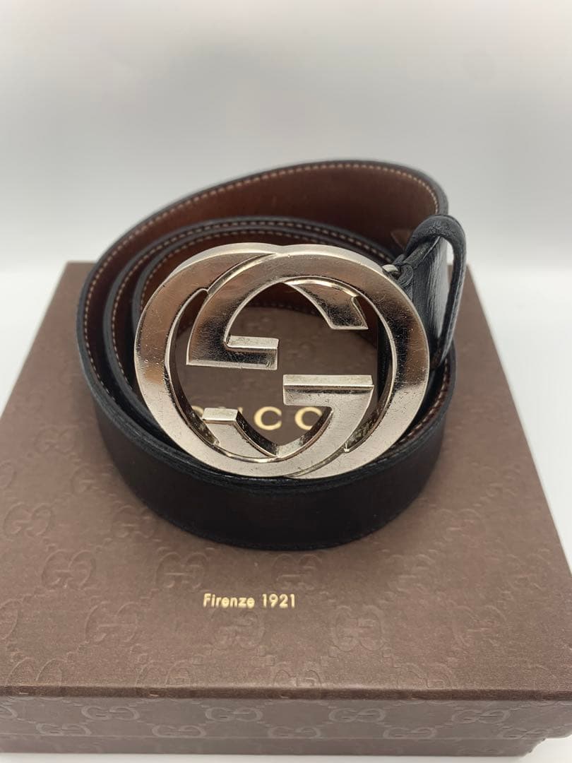 グッチ シマレザー GG インターロッキング ベルト シルバー金具 ブラック