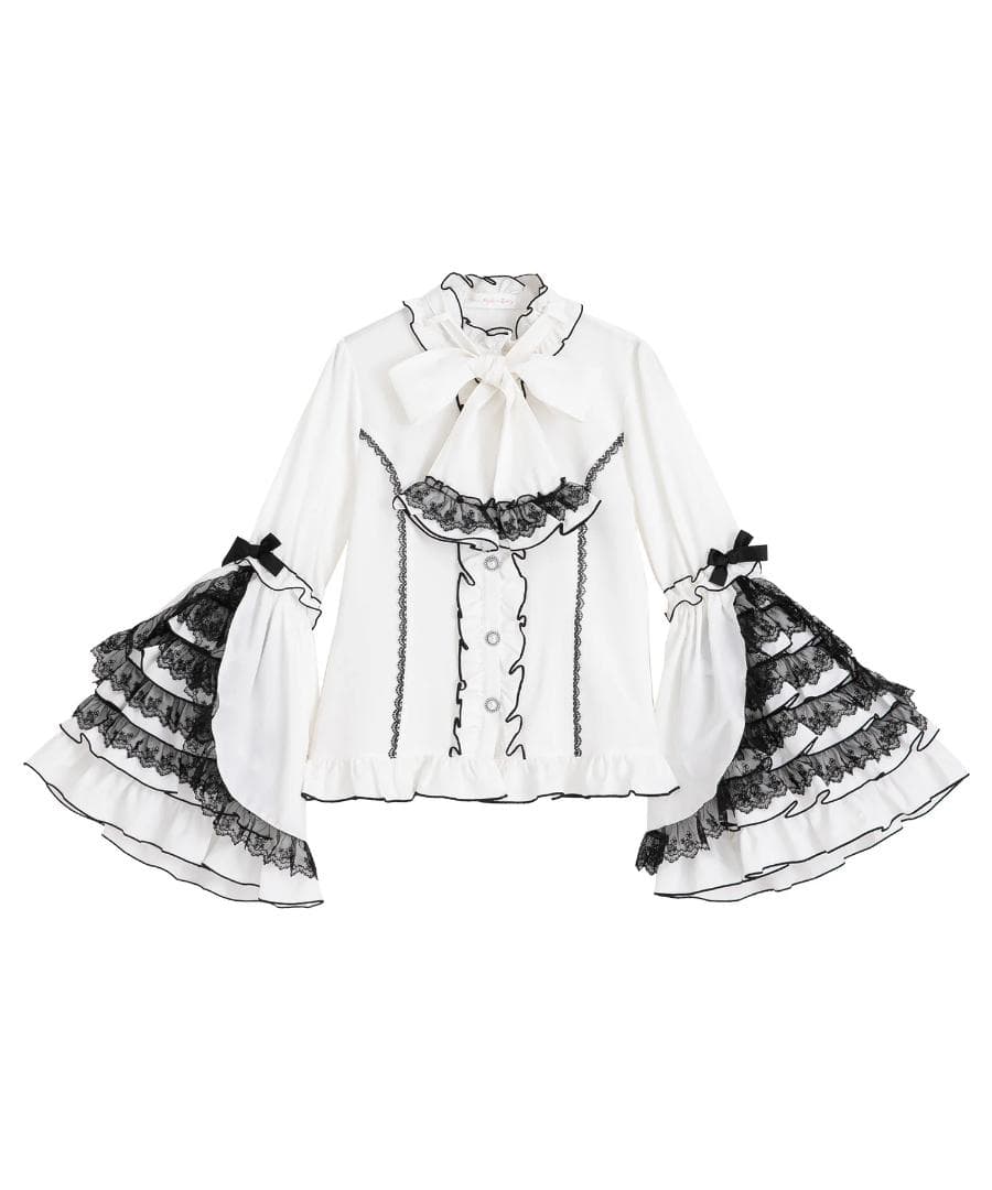 フリルハイネックレースリボンプリンセスブラウス(ホワイト×ブラック４Lサイズ)