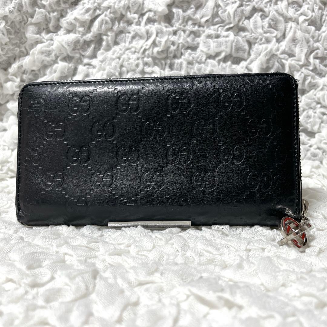 希少✨GUCCI ブラックレザー 長財布 GG ラウンドファスナー　シマ