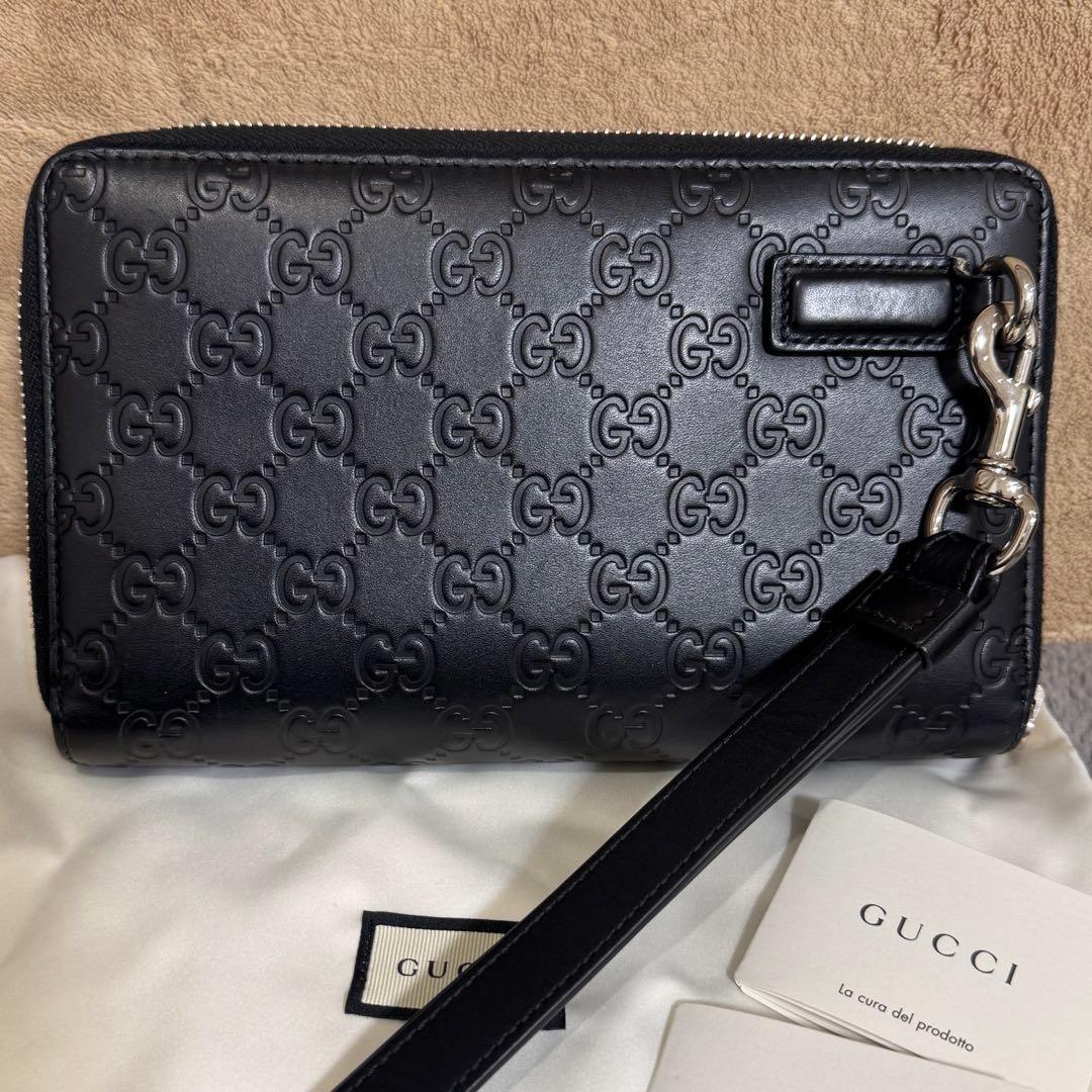 GUCCI ブラックレザー 長財布 GGパターン　トラベルポーチ　ダブルジップ