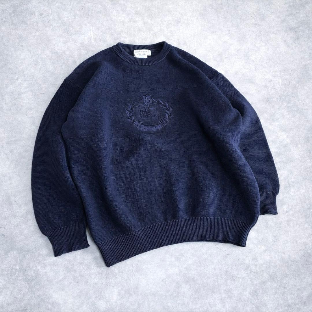 Burberrys 英国製 クレスト刺繍 ホースロゴ コットンニット ネイビー