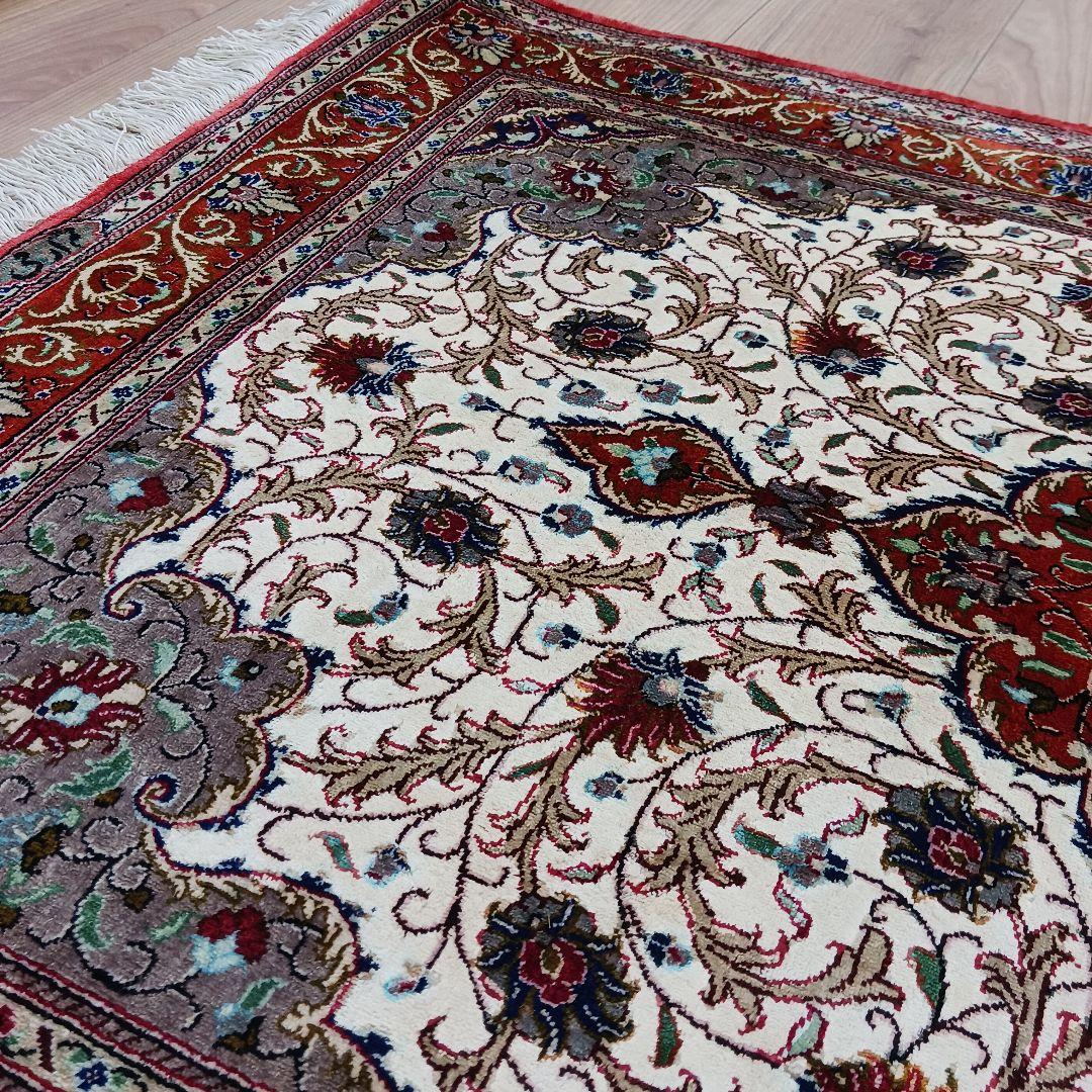 Y3292 高級ペルシャ絨毯 クム産 工房サイン シルク100% 手織り