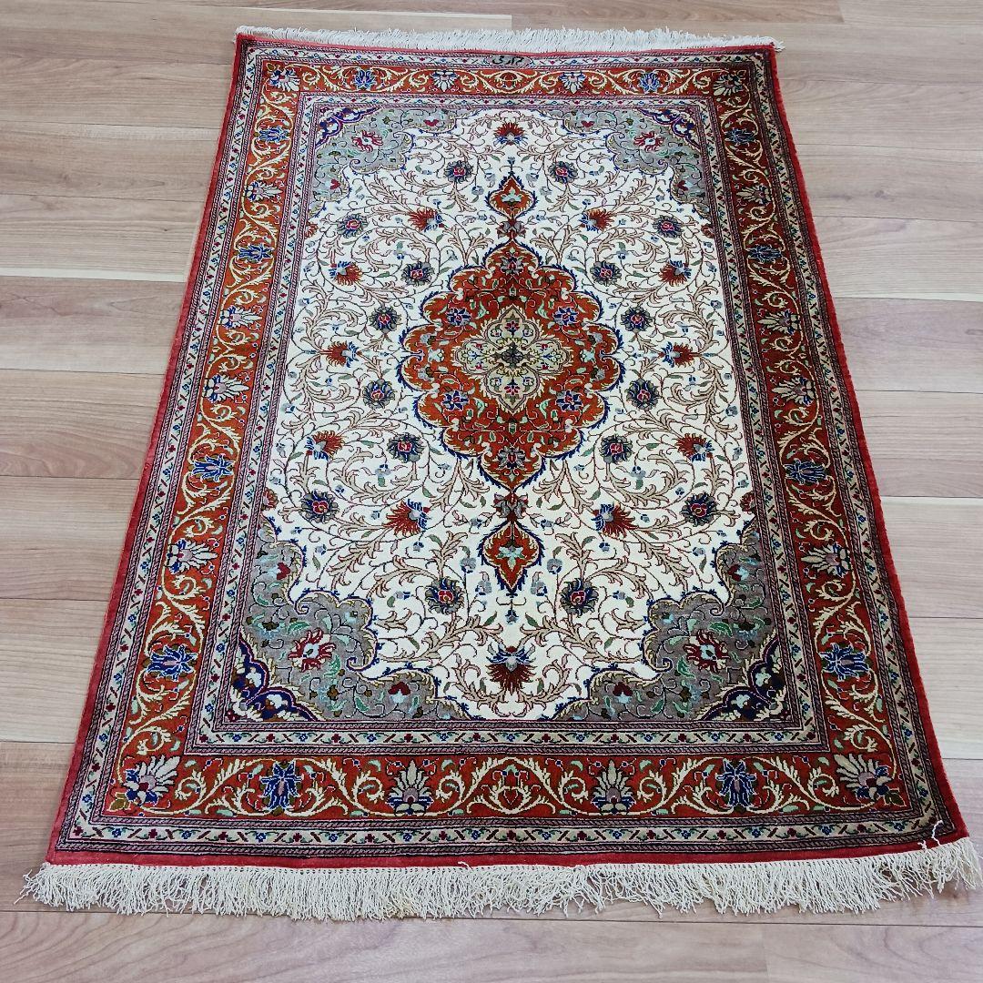 Y3292 高級ペルシャ絨毯 クム産 工房サイン シルク100% 手織り