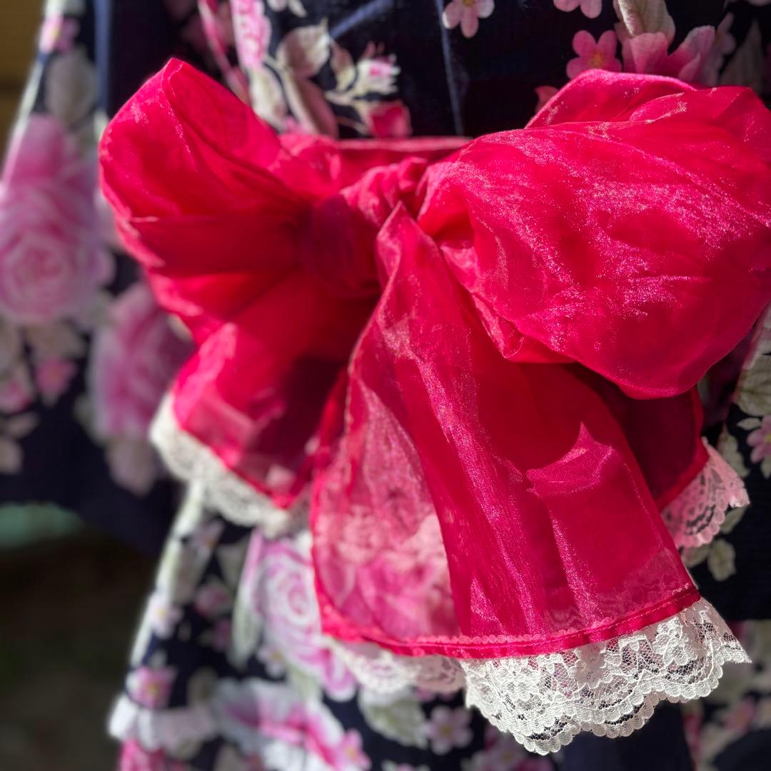 浴衣ドレス 2段スカート 紺地ネイビー青ピンク 地雷ギャル 姫ギャル 平成ギャル