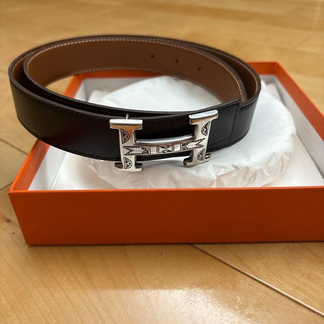 HERMES Hバックル ベルト ブラック シルバー金具 メンズ　トゥアレグ