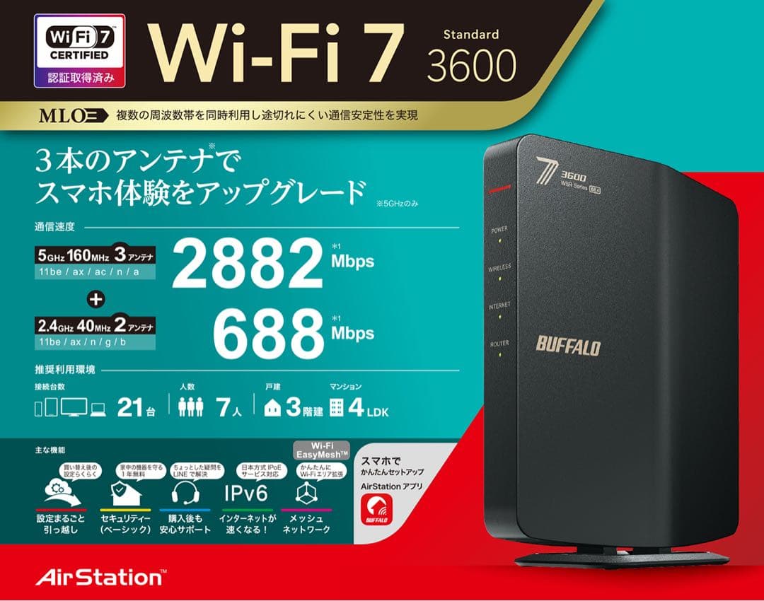 【未開封】BUFFALO Wi-Fi 7 ルーター WSR3600BE4P-BK