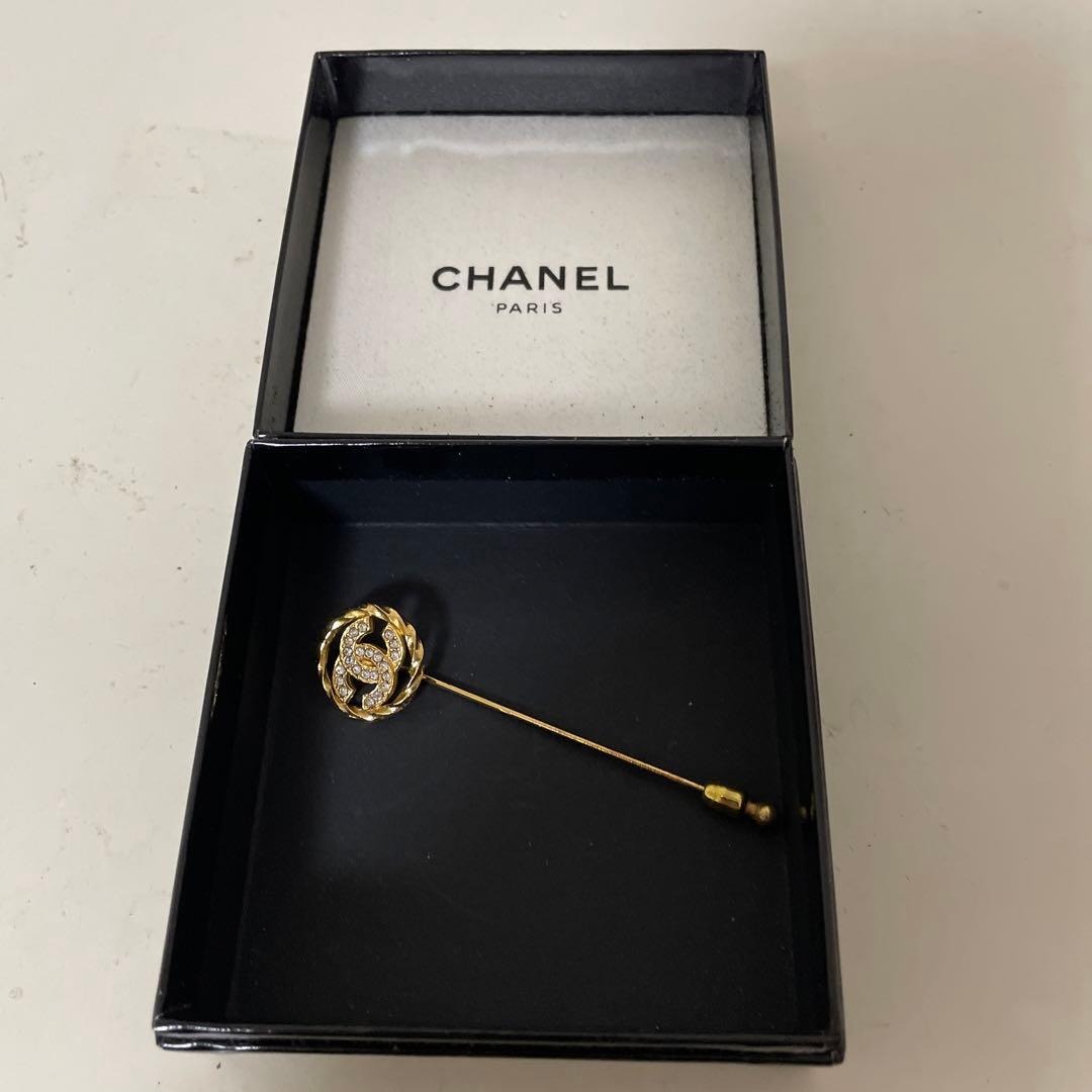 ヴィンテージ　シャネル　ピンブローチ　ラインストーン　ココマーク　ゴールドメッキ