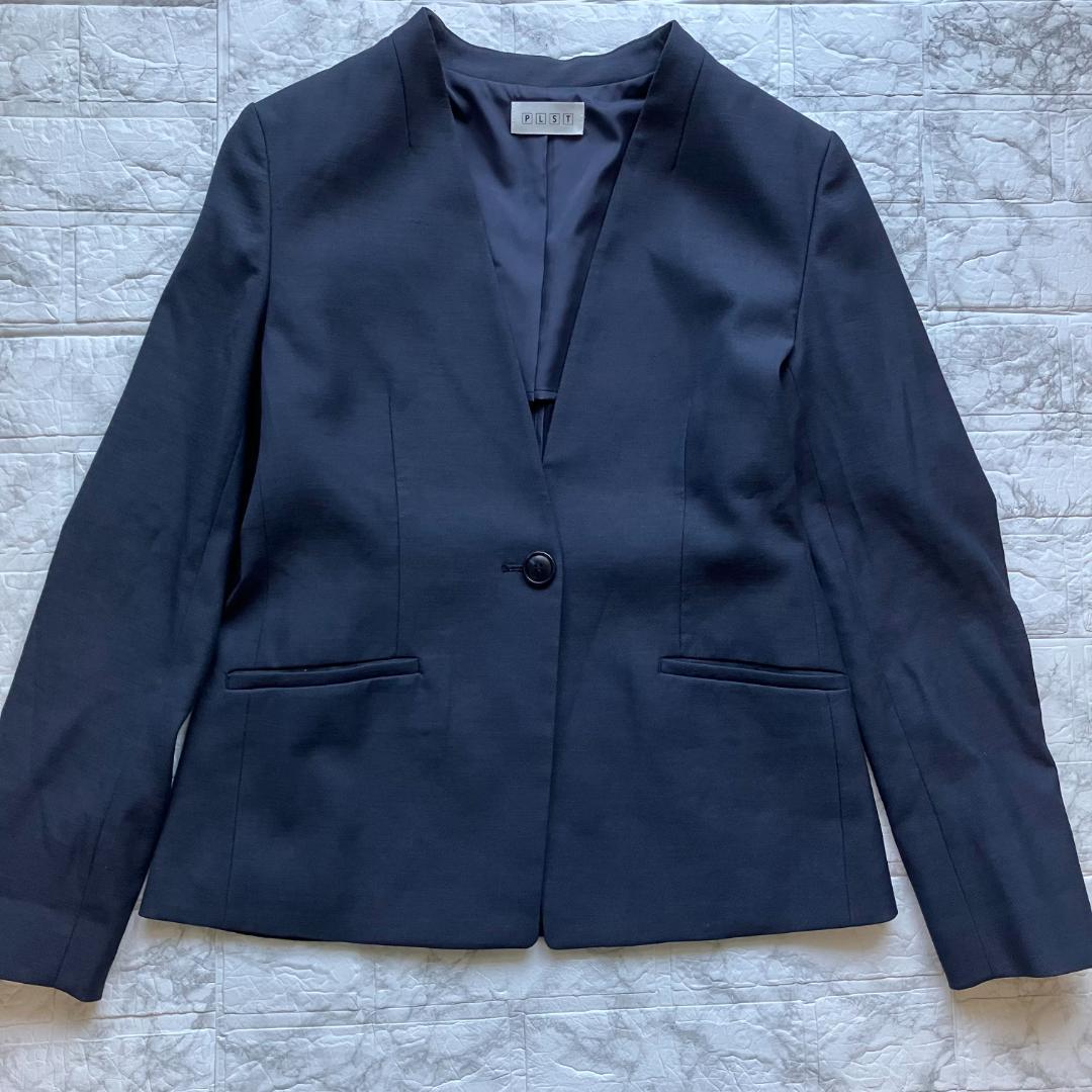 美品◎PLST スーツ セットアップ ノーカラー パンツ リネン混 ネイビー 紺