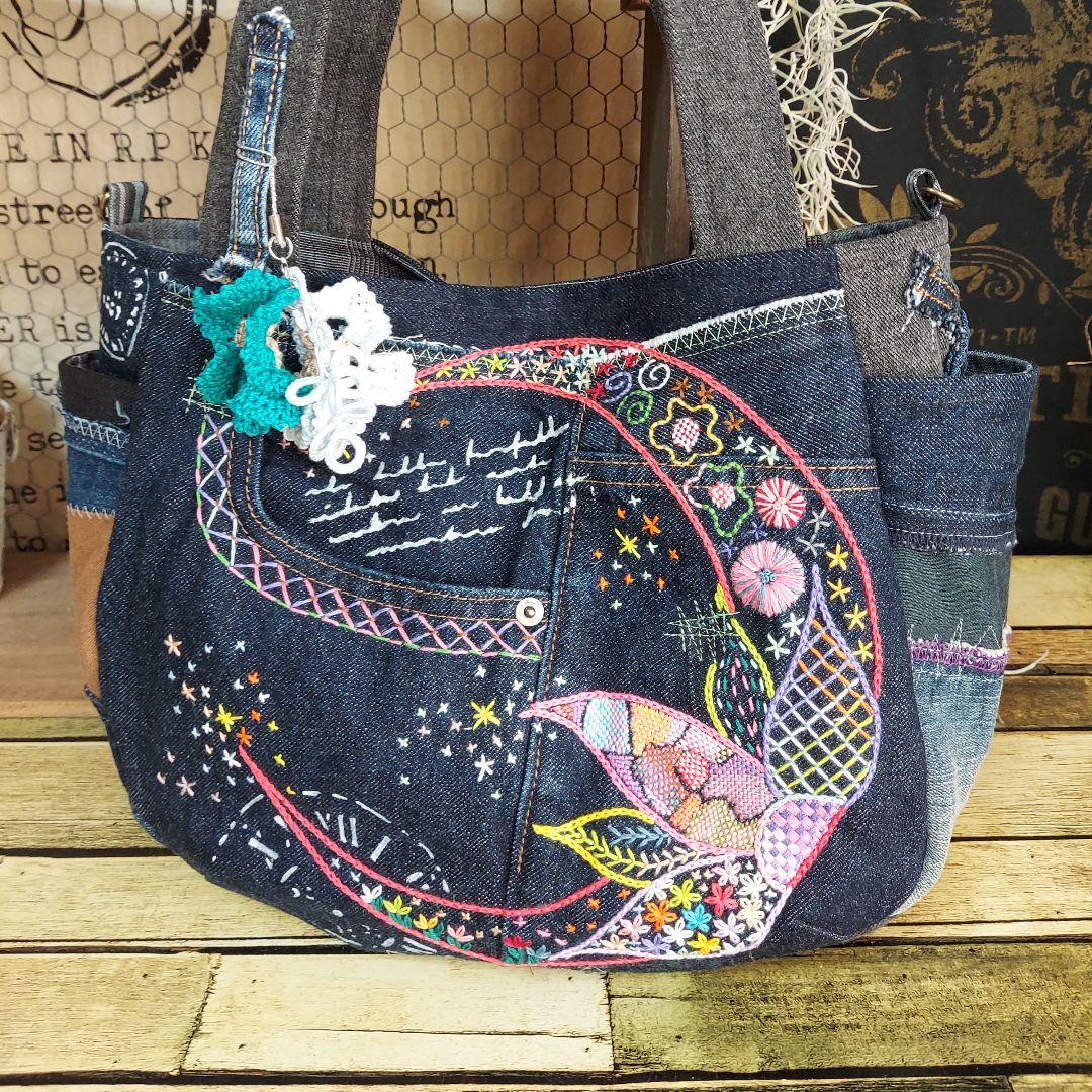 【蘭太郎】刺繍デニムバック　No.666　デニムリメイク　刺繍バック