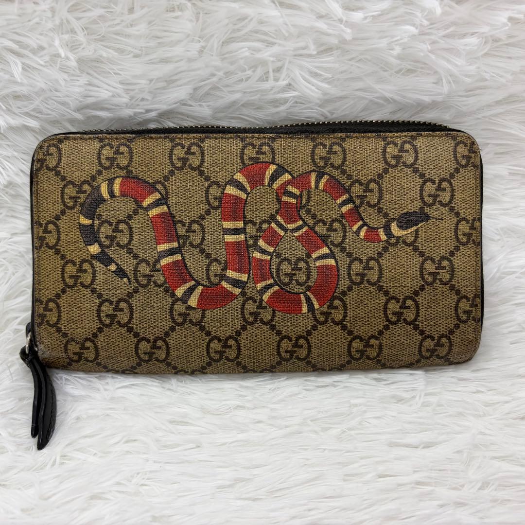 希少✨グッチ　長財布　ラウンドファスナー　蛇　GGスプリーム　PVC レザー　茶