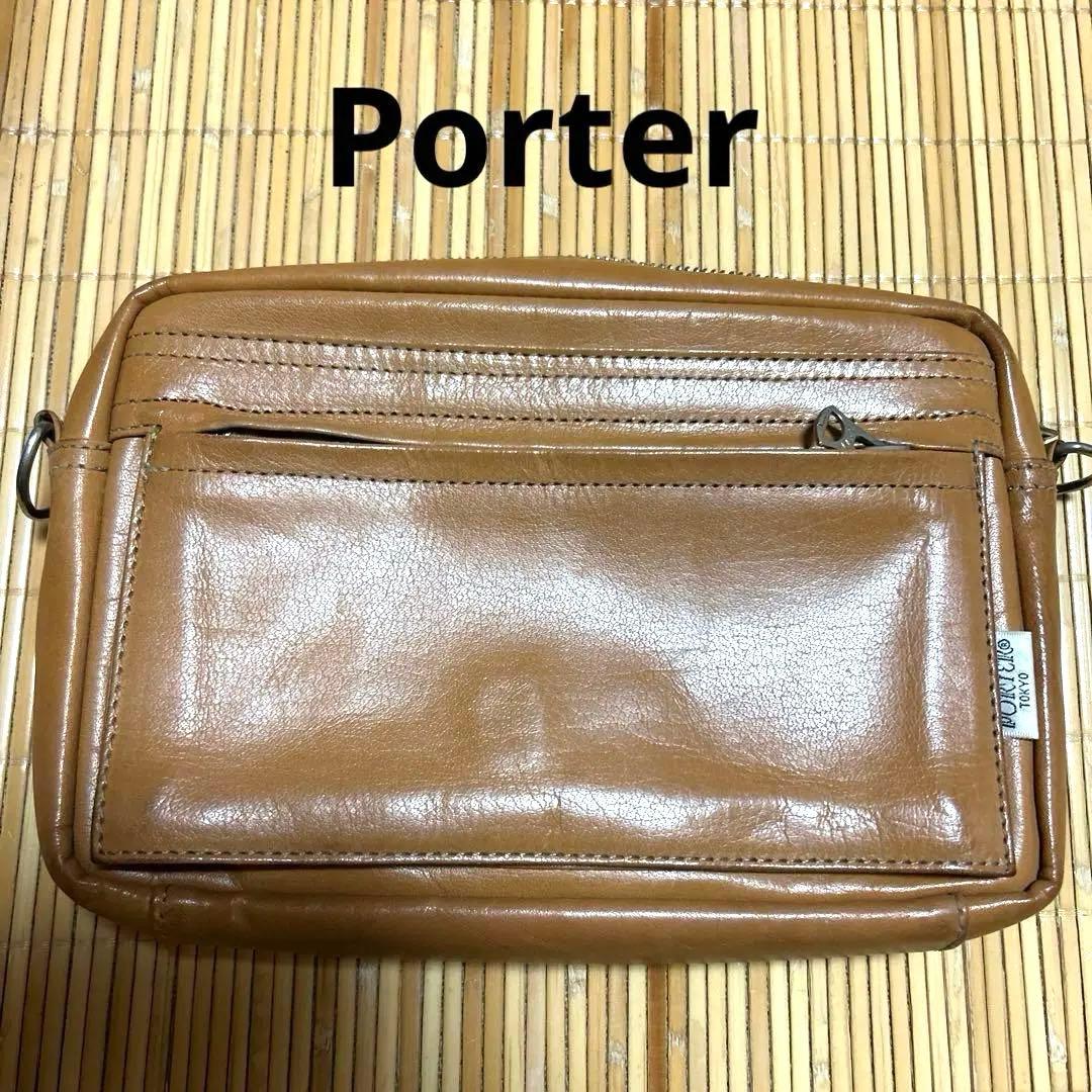 PORTER レザースクエアショルダーバッグ　本革　キャメル色