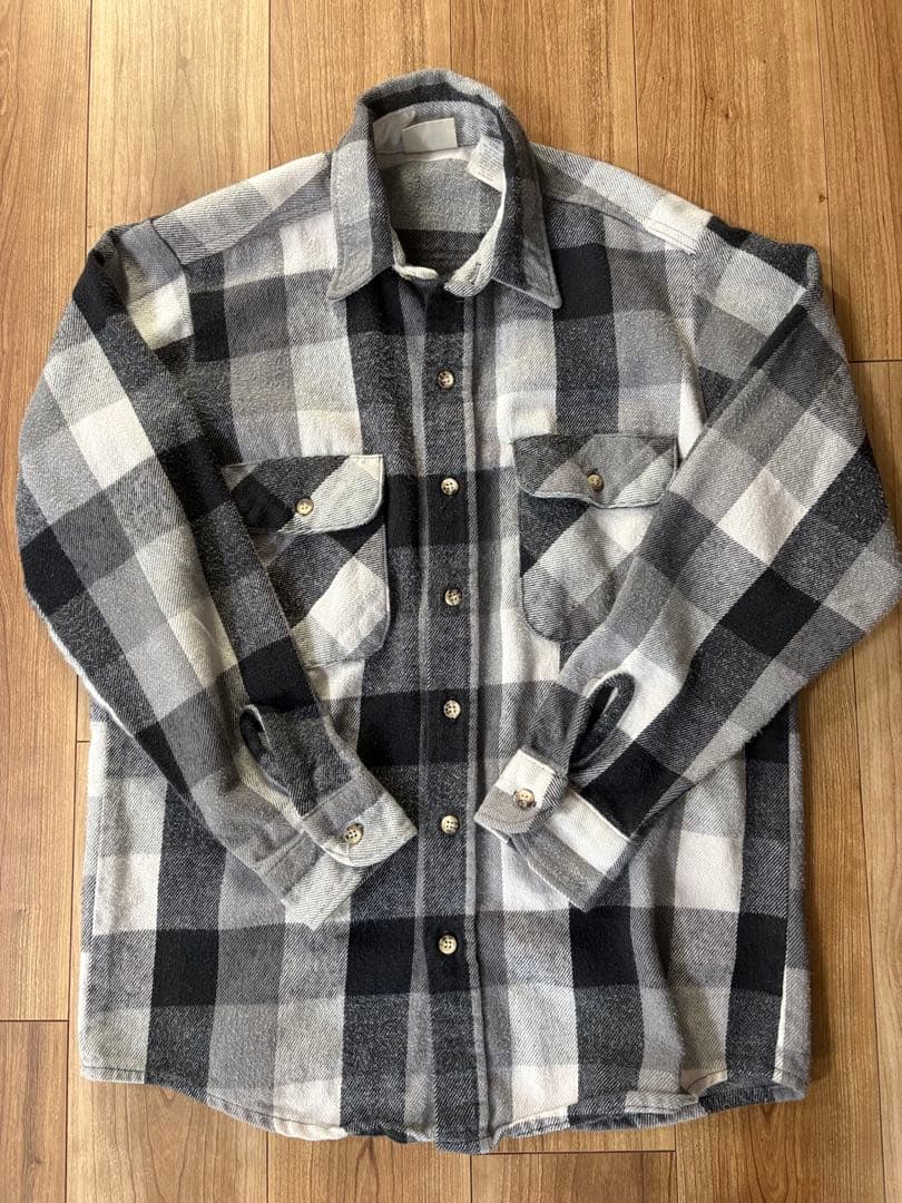 【好配色】FIVE BROTHERネルシャツ　白黒グレーブロックチェックMサイズ