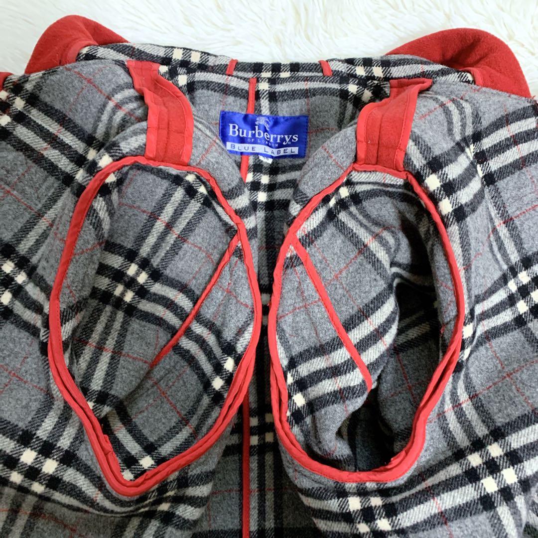 バーバリーブルーレーベル ダッフルコート 赤 ノバチェック ウール100% 38