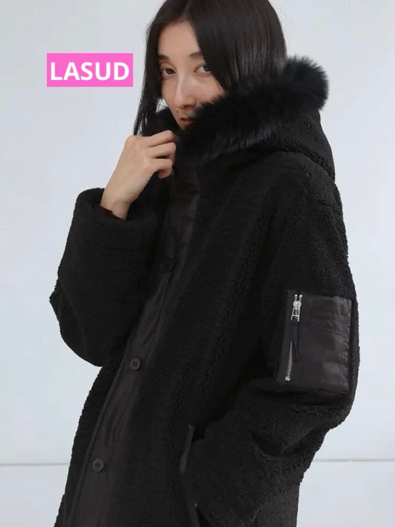 オークション出品 LASUD ファーボアコート未使用品サイズ9号定価34000円