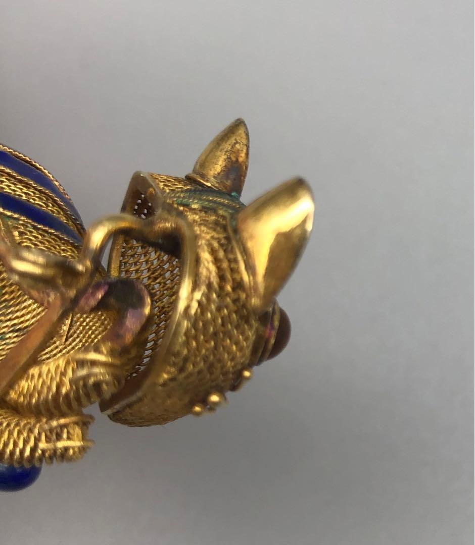 中国骨董品ゴールドメッキブルーエナメルメッシュタイガーアイキャット猫ピンブローチ