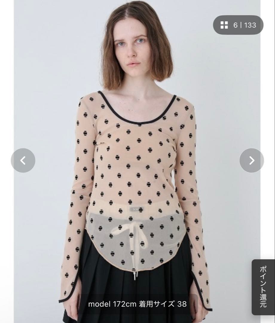 Swan Lake U-Neck Top サイズ38 ベージュ/黒ドット