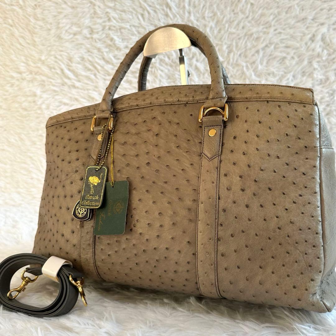 美品✨オーストリッチ ボストンバッグ ハンドバッグ JRA カーキ