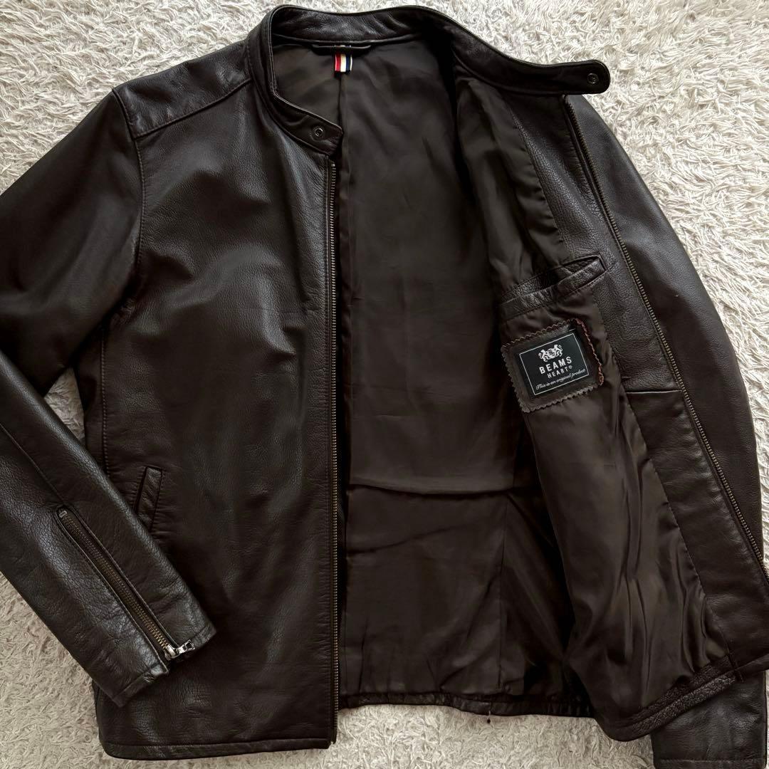 ★本革★ BEAMS HEART シングル ライダース 茶 ダブルジップ