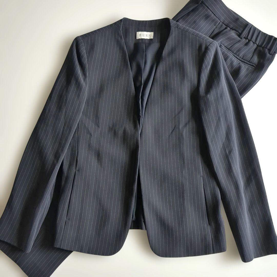 極美品★プラステ パンツスーツ カラーレス テーパードパンツ ストライプ 紺 M