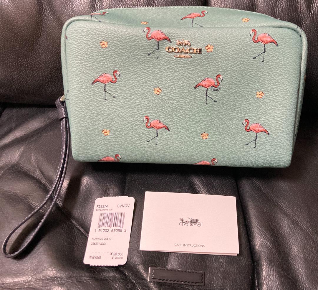 COACH コーチ コスメ ポーチ フラミンゴ エメラルドグリーン