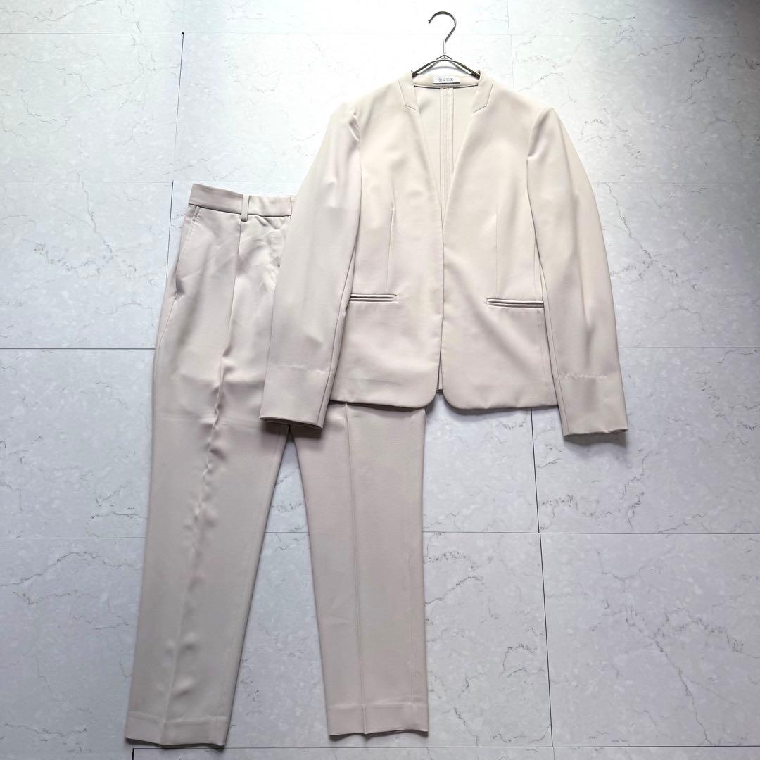 美品 プラステ スーツ セットアップ ノーカラージャケット パンツ S ベージュ