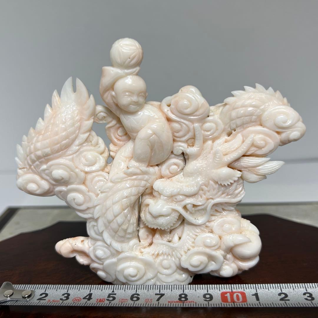 本桃色珊瑚　龍童子置物　ケース付　東Y7-1211☆2Fトヒト