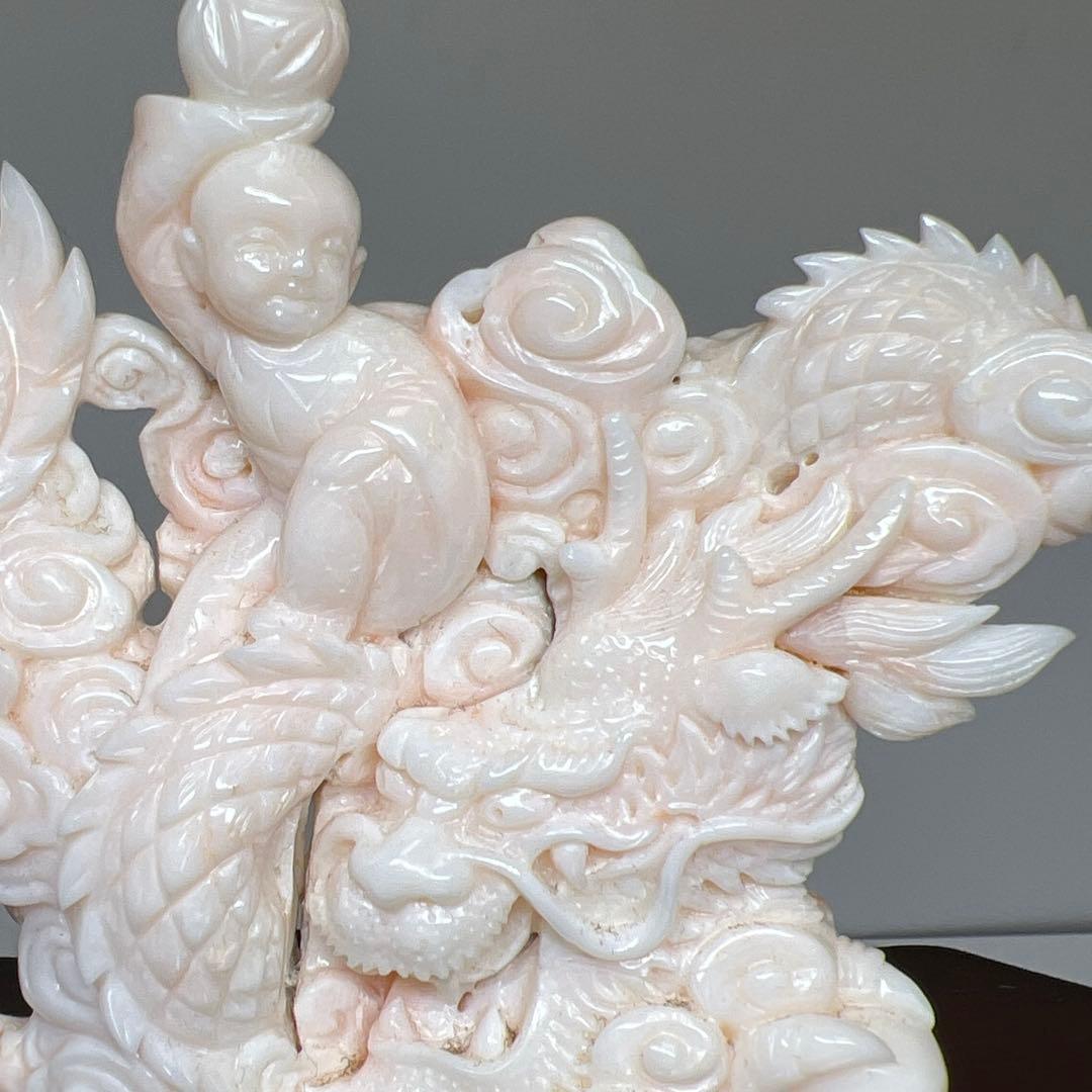 本桃色珊瑚　龍童子置物　ケース付　東Y7-1211☆2Fトヒト