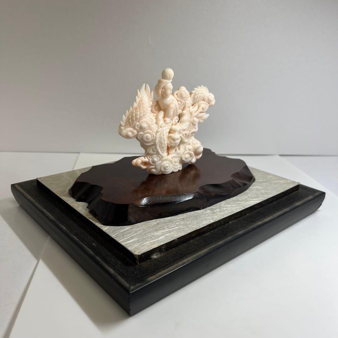 本桃色珊瑚　龍童子置物　ケース付　東Y7-1211☆2Fトヒト