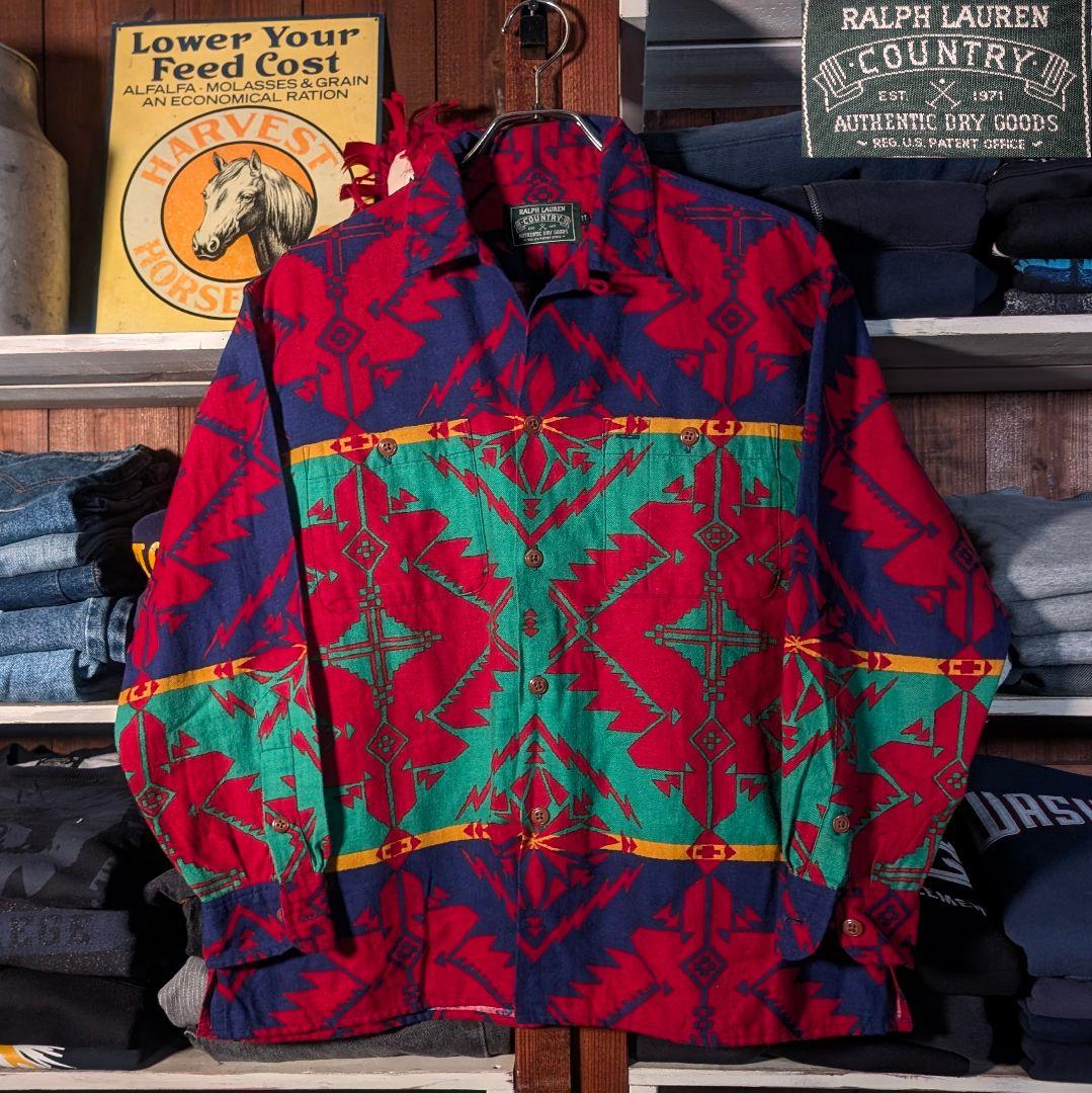 90s　ラルフローレン　ポロカントリー　ネイティブ柄　長袖　アロハシャツ　XL