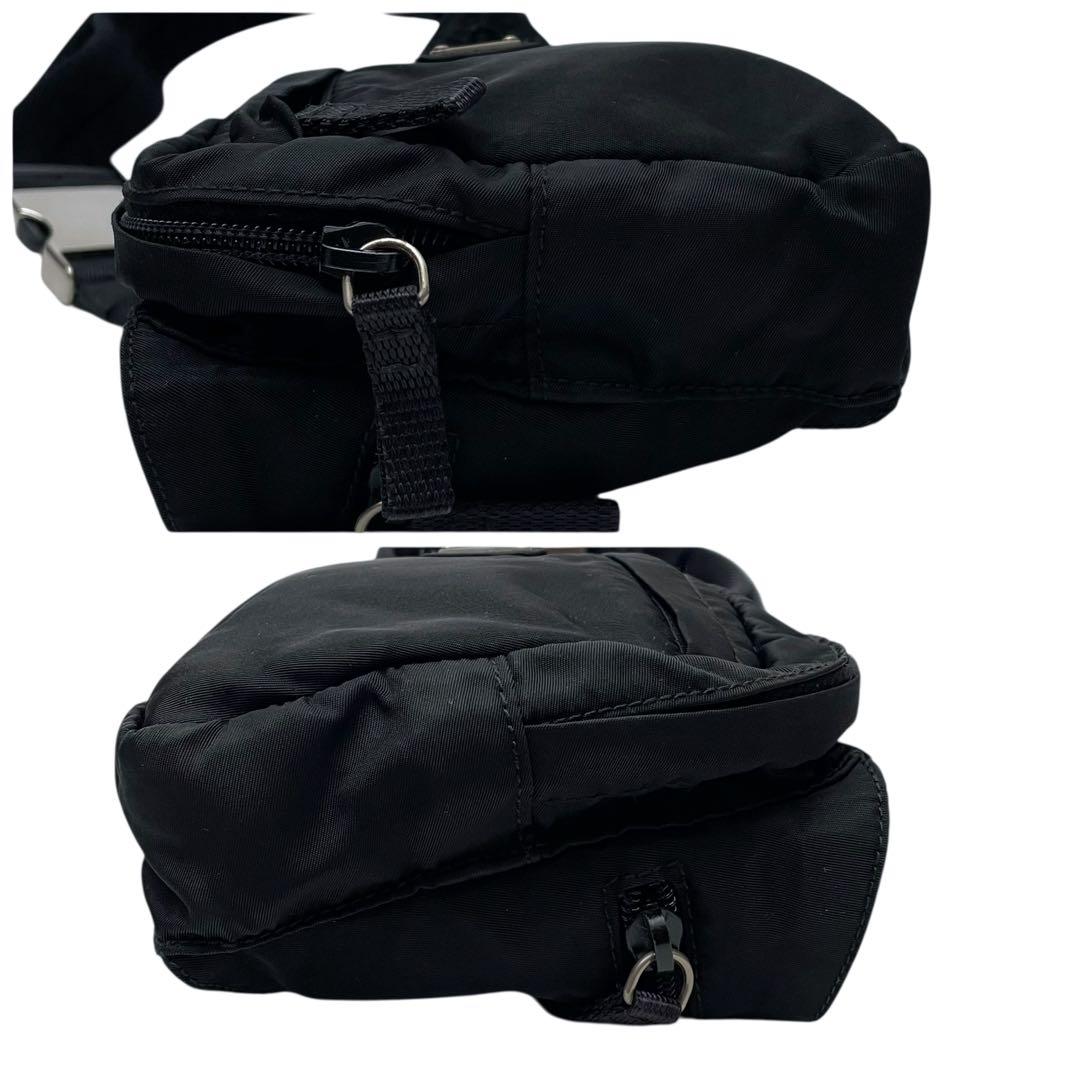 良品 プラダ ナイロン ウエスト ボディ バッグ 三角プレートロゴ ブラック