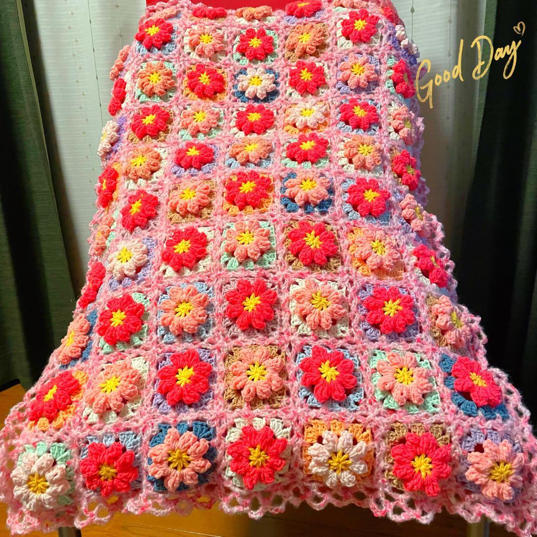 最終❗️ふわふわ♡お花のモチーフ編み♡マルチカバー♡ブランケット