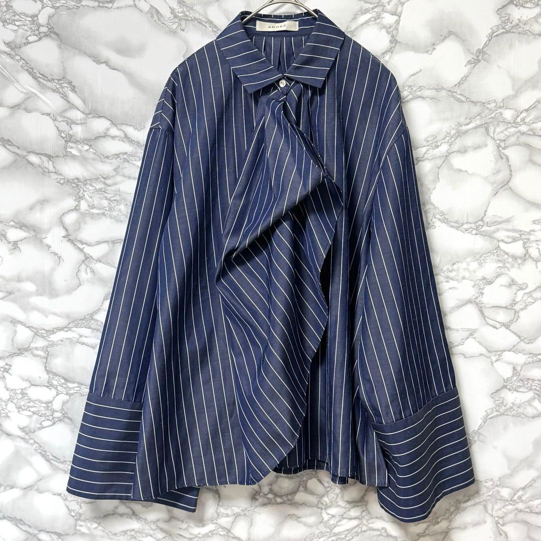 【アドーア】 ストライプ カジュアルシャツ Lサイズ