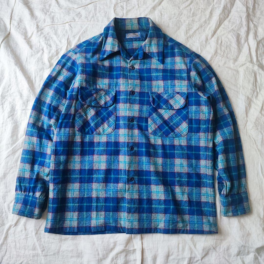 70s USA製 ペンドルトン ボードシャツ ヴァージンウール ブルー グレー