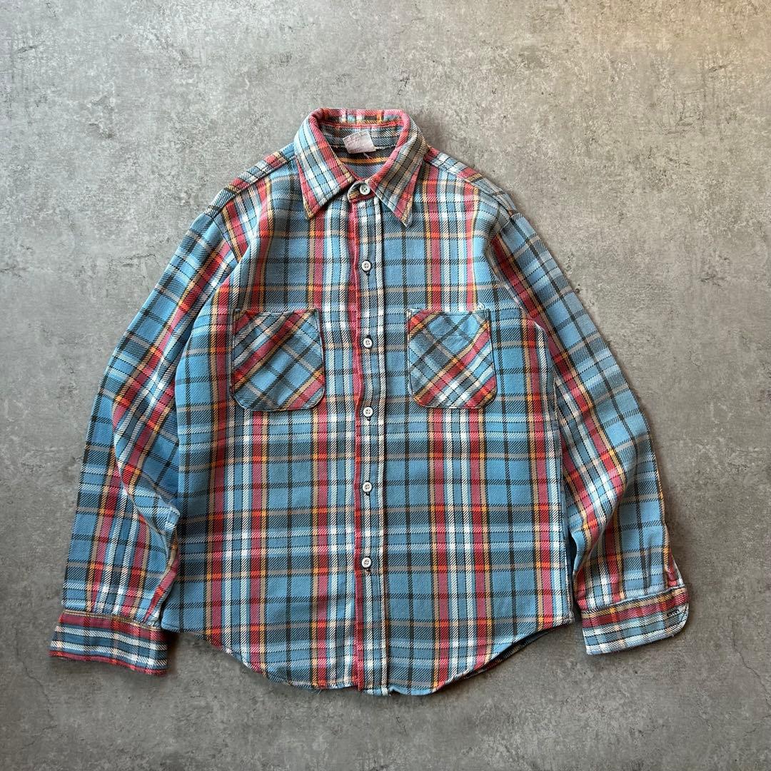 70s BIG MAC ネルシャツ M 水色×フェードレッド 好配色