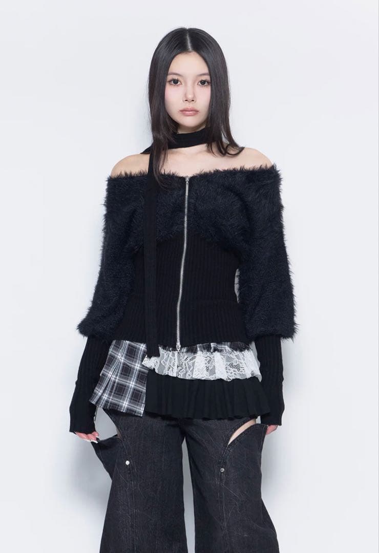 トップス theredthread S contrast zip knit