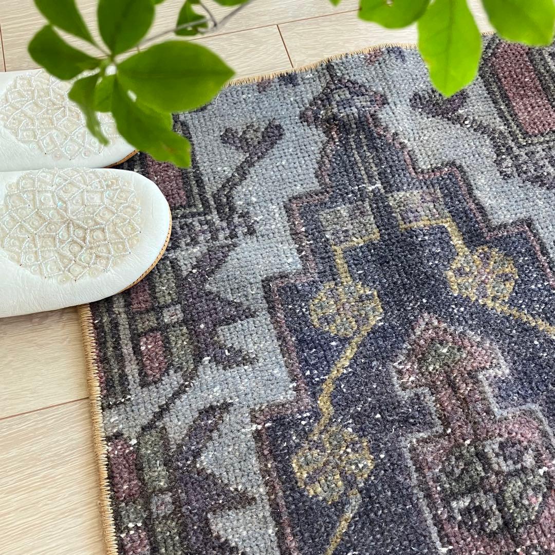 濃淡ブルー✳︎43×83 イエロー　ピンクメダリオン　トルコヴィンテージラグ