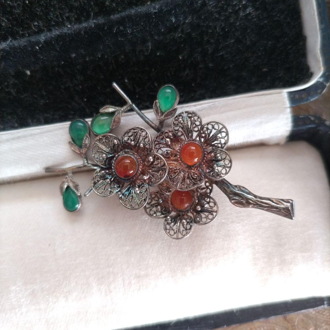 梅 銀線細工 ブローチ SILVER ヴィンテージ フィリグリー 中国古玩 簪