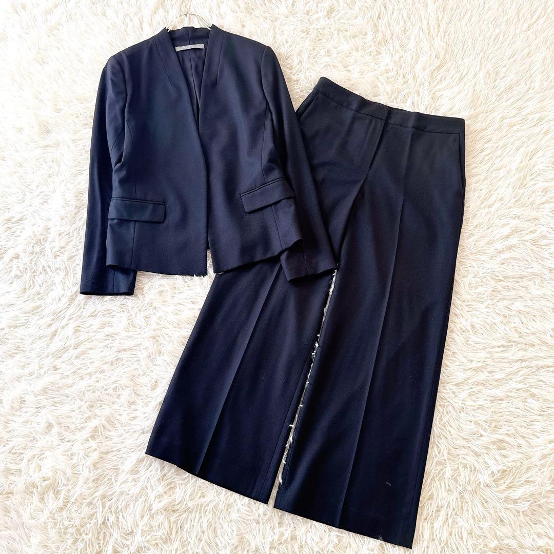 近年 セオリーリュクス✨ノーカラー パンツスーツ セットアップ 濃紺 40 38
