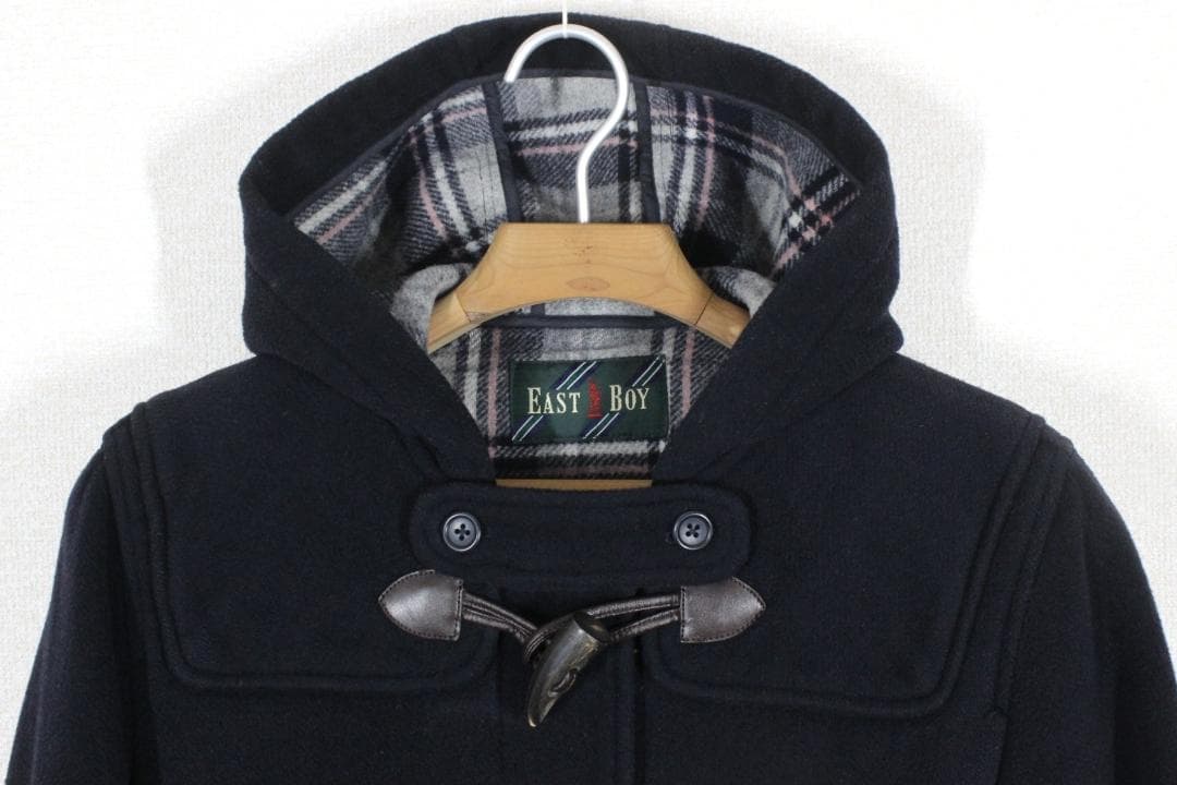 51【美品】イーストボーイ ダッフルコート 11 ネイビー 紺 L 裏チェック柄