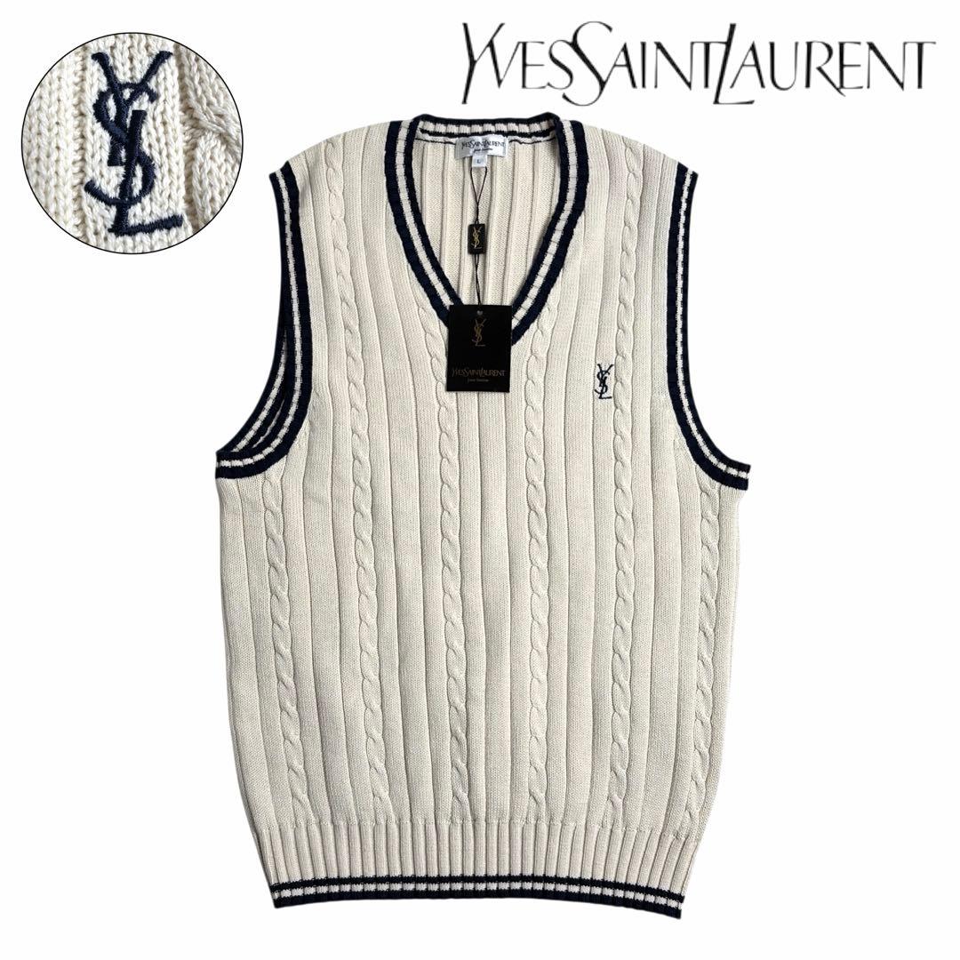 新品タグ付 イヴサンローラン チルデンニットベスト ケーブル編み YSLロゴ