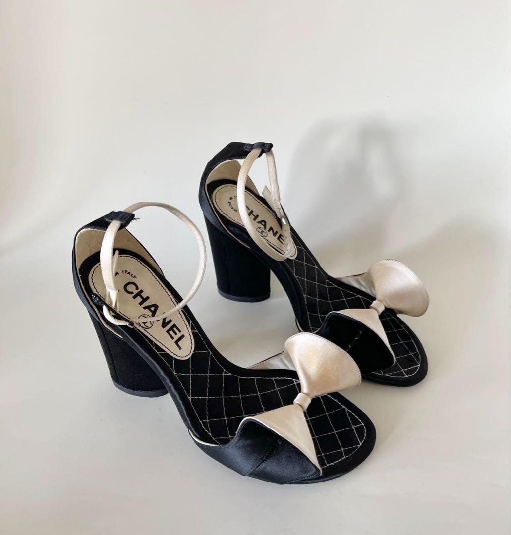 シャネルCHANEL リボン付きサンダル 中ヒール ブラック/アイボリー