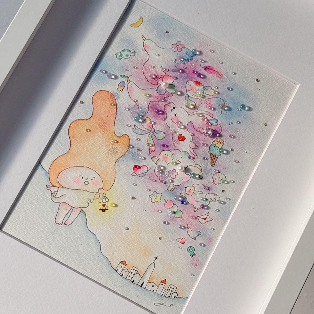 【YAMU】グラスアート　イラスト　水彩画　原画