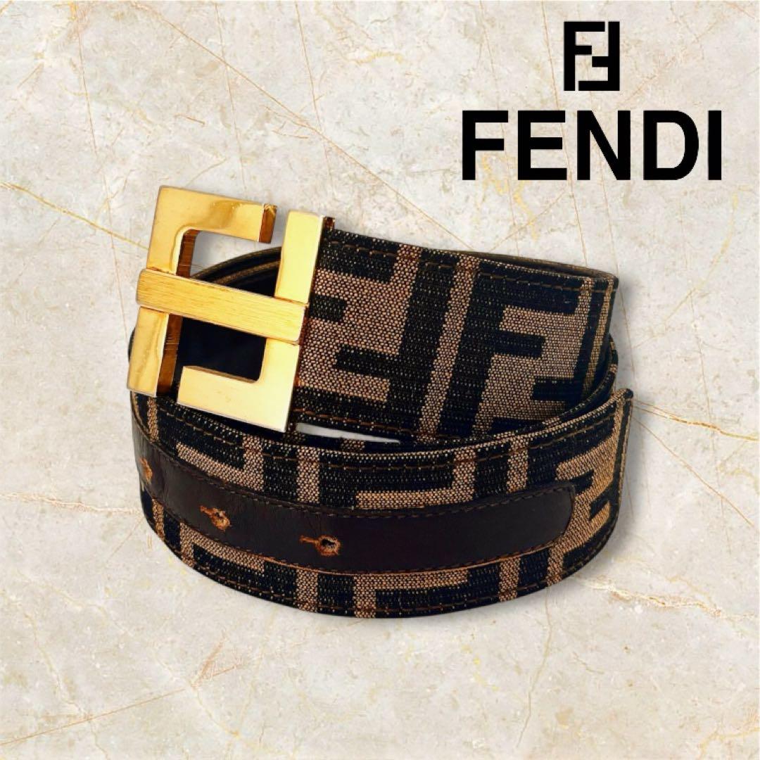 FENDI フェンディ ベルト ロゴバックル レザー ズッカ柄 FFロゴ 茶系