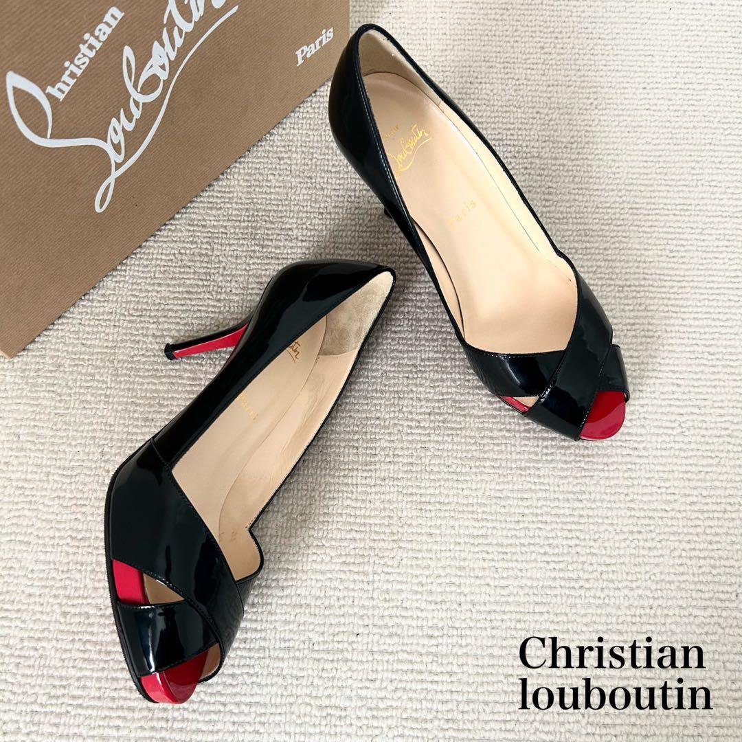 クリスチャン ルブタン パンプス オープントゥ エナメル 黒 24cm 37